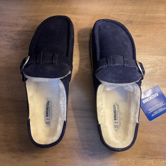 Suede Birkenstock Buckley Shearling in Navy Blue with Silver Hardware - Picture 8 of 15